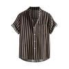 Men Shirt Stand Collar Short Sleeve Contrast Color Striped Single-breasted Loose Soft Mid Length