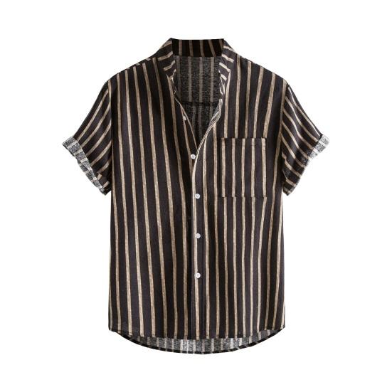 Men Shirt Stand Collar Short Sleeve Contrast Color Striped Single-breasted Loose Soft Mid Length