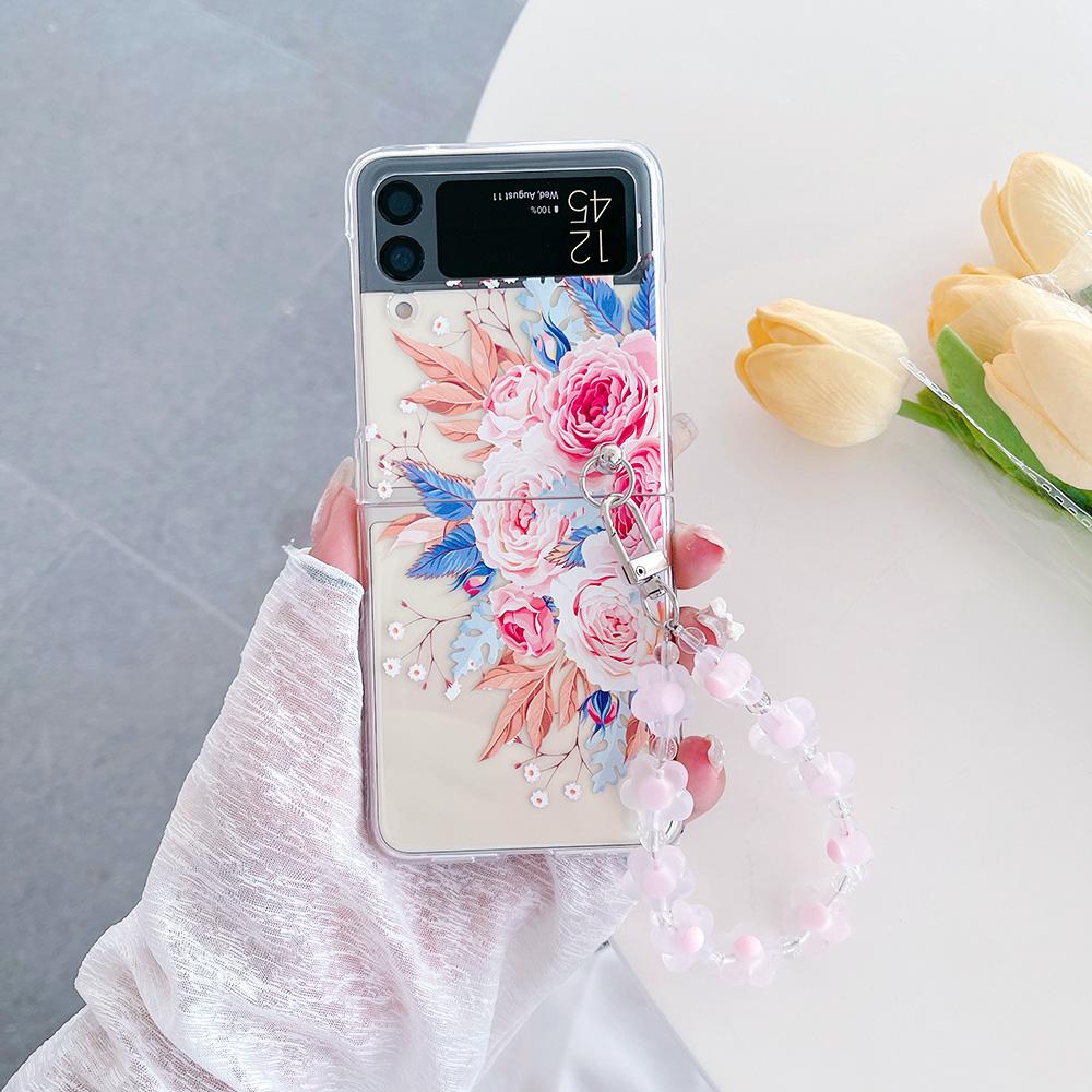 Чехол для Samsung Galaxy Z Flip 4 3, красивый чехол с цветами ромашки, расписанный браслетом, прозрачный противоударный складной жесткий чехол