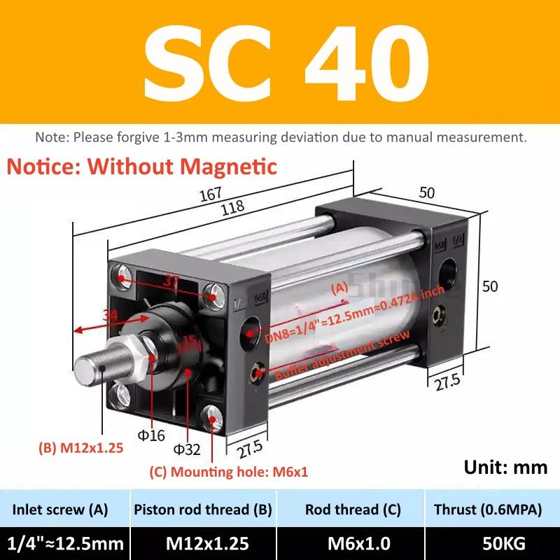 SC Standard Air Cylinder SC32/40/50/63mm Bore Small With Magnetic Pneumatic Cylinder Piston 25/50/75/100/150/200/250mm Stroke