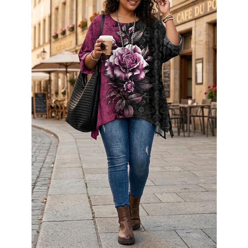 Plus Size Ladies Elegant Bohemian Print T-Shirt - Crew Neck, Asymmetrical Bottom