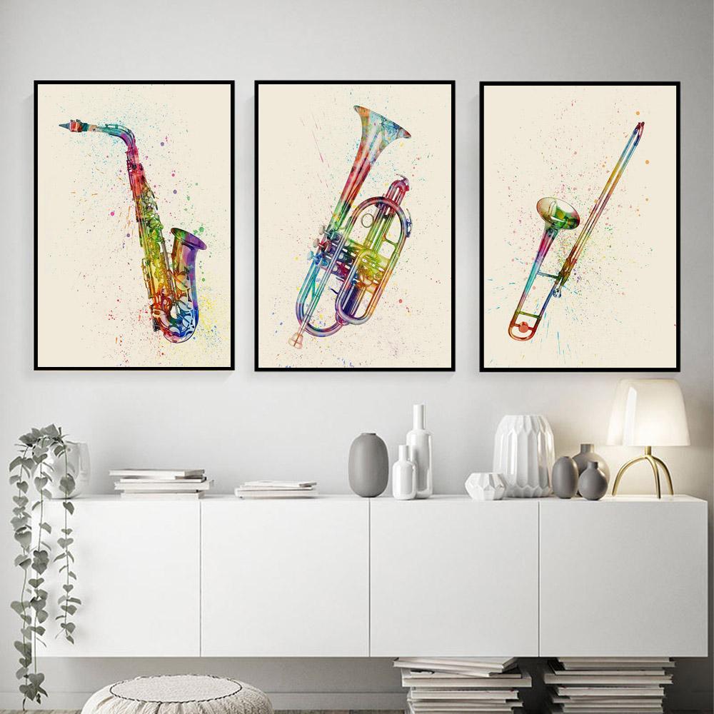 New Graffiti Art Musical Instrument Canvas Painting Wall Art Saxophone Guitar Violin Poster Living Room Home Decoration Mural No Frame