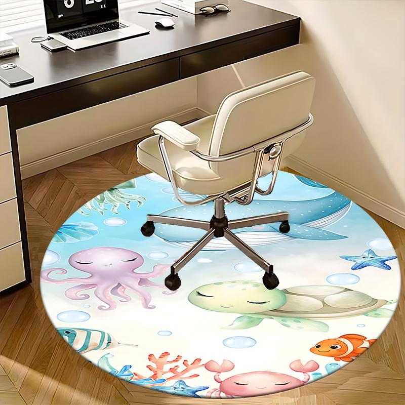 Underwater Adventure Chair Mat - Round Carpet for Home Decor, Office Use, and Gifts - Cute Ocean Animal Design Suitable for Bedrooms
