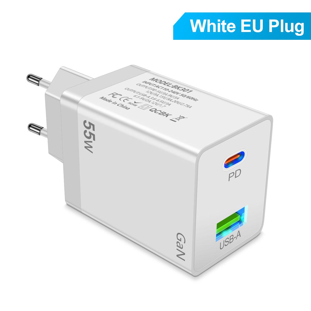 55 Вт GaN USB Type C Зарядное устройство PD QC 3.0 Быстрая зарядка для Macbook Ноутбука IPAD Планшета IPhone 15 14 Samsung S23 Ultra Huawei Xiaomi