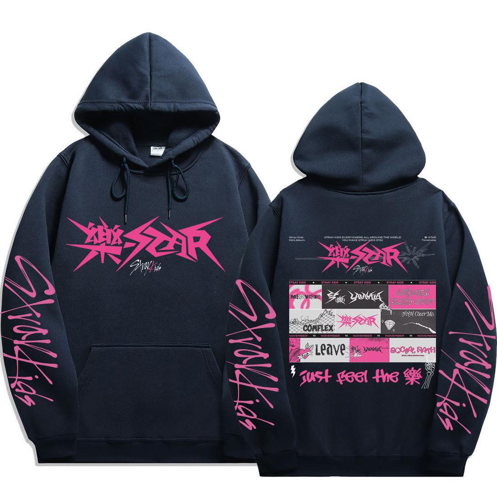 Толстовка Stray Kids Спереди Розовый Панк-Логотип Винтажная Панк-Графика Названия Песен Шнурок на Капюшоне Оверсайз Унисекс K‑Pop Уличная Одежда Мерч для Фанатов