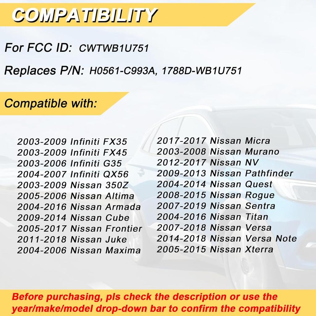 Замена Брелока для Nissan Altima Titan Cube Frontier Quest Rogue Sentra Versa Xterra Infiniti FX35 FX45 Бесключевой Дистанционный Ключ,