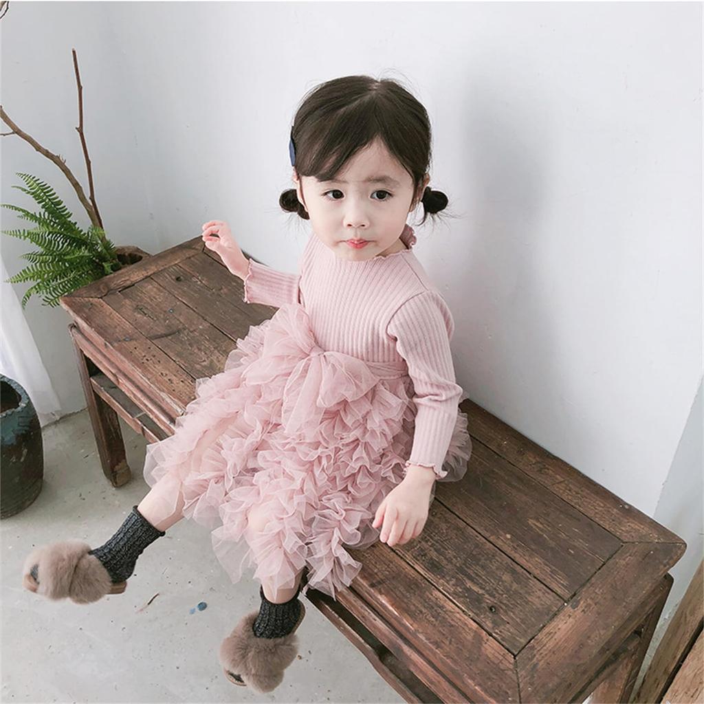 Miipat Baby Knit Tulle Long Sleeve Formal Perfect for Shrine Kindergarten Entrance and Photo Shoots Size Girl's Dress, Autumn/Winter Dress, Visits,