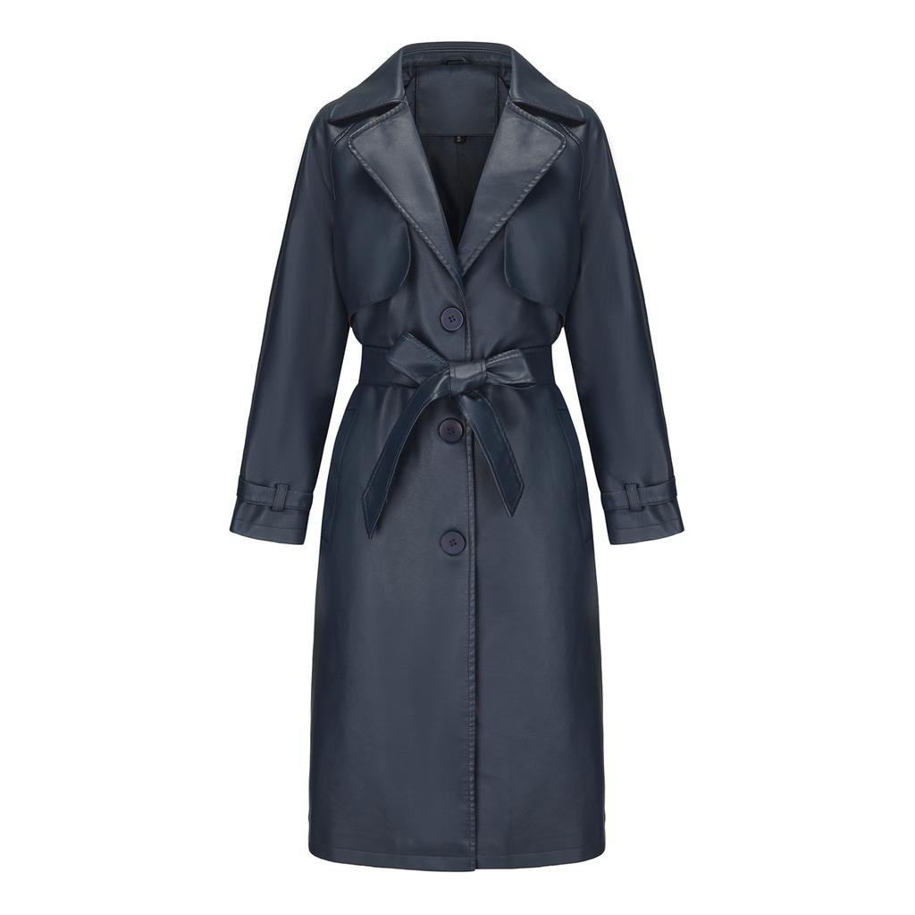 Весенне-осенняя женская ветровка, длинная свободная куртка из искусственной кожи, женская классическая куртка с лацканами и поясом