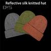 Unisex Reflective Knitted Windproof High Elasticity Folded Brim Dome Hip Hop Street Style Night Jogging Warning Cap Winter Keep Warm Headwear
