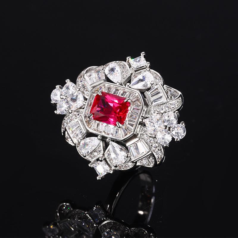 Pink zirconium ring Royal blue red corundum ring European and American retro inlaid zircon square ring ring