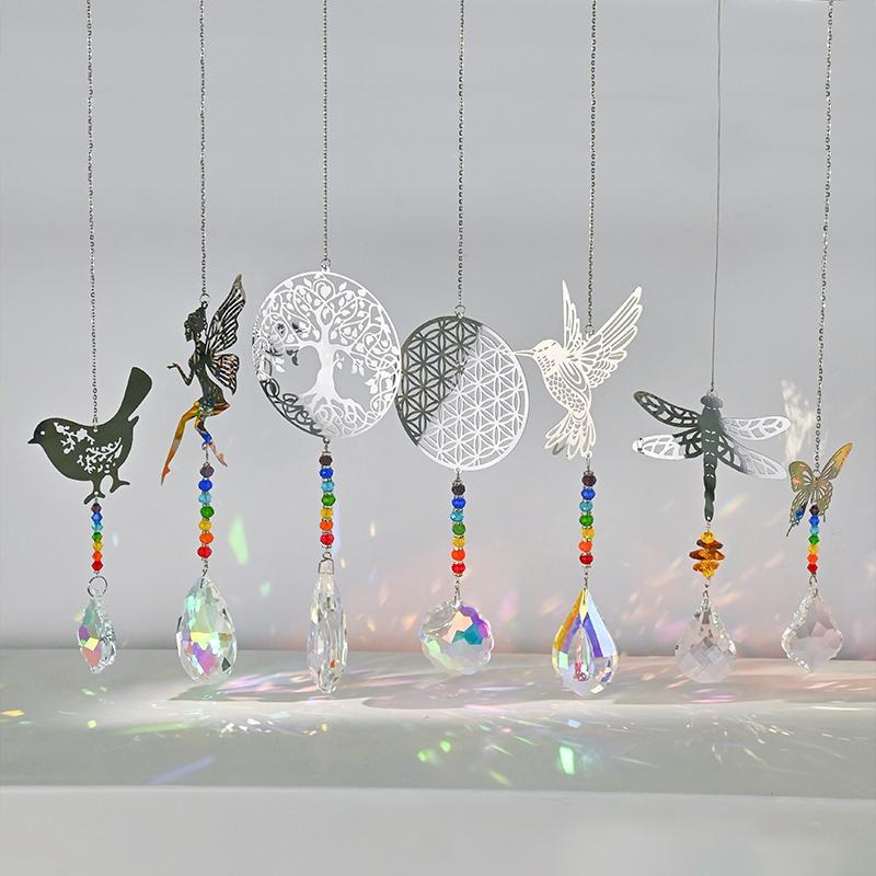 Crystal Suncatcher Sun Moon Tree Wind Chime Prisms Hanging Angel Butterfly Pendants Rainbow Chaser Garden Decor Window Drop Bell