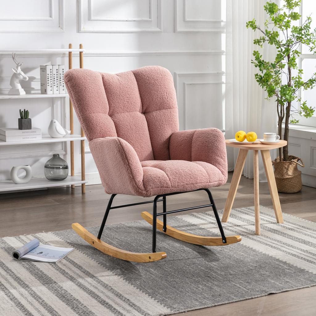 009 Mid Century Modern Rocking Chair made of Teddy Fabric with Tufted Cover, Padded Seat for Living Room and Bedroom, Pink
