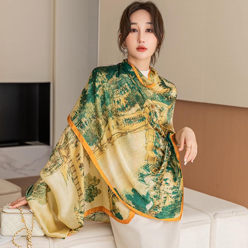 Весенне-летний тонкий атласный длинный платок в китайском стиле в стиле ретро Цинмин Шанхэ Ту Лицзин Элегантный женский солнцезащитный декоративный шелковый шарф
