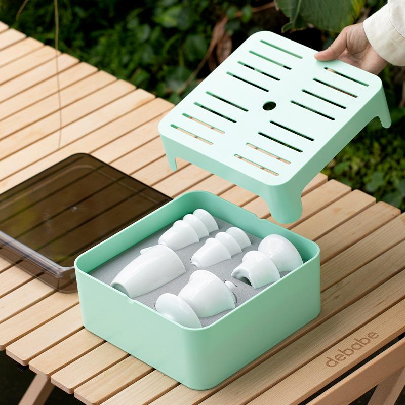Outdoor Camping Portable Travel Kung Fu Tea Set Dry Tea Tray Storage Box White Porcelain Cover Bowl Tea Cup