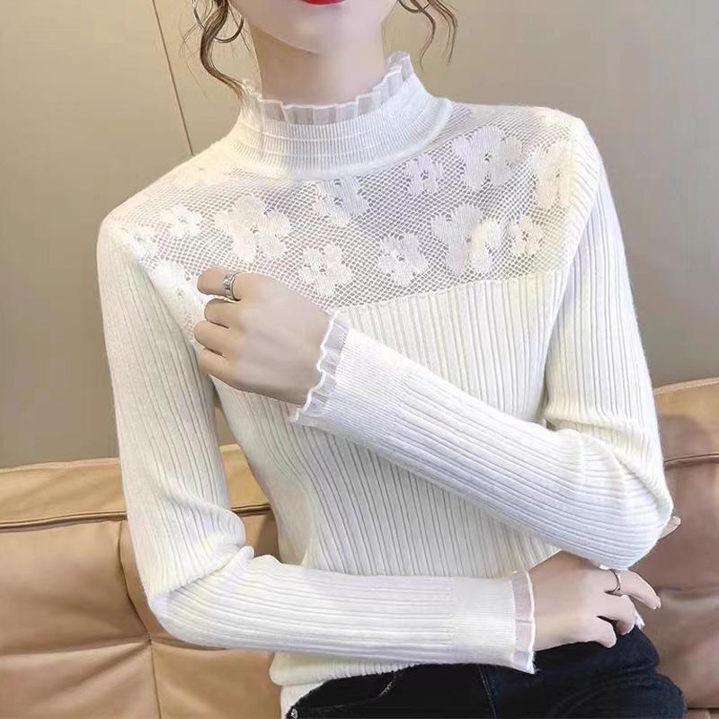 Autumn and Winter New Fashion Semi-turtleneck Knitted Sweater with Top Women's Lace Edge Slim-fitting and Thin Sweater Bottoming Shirt