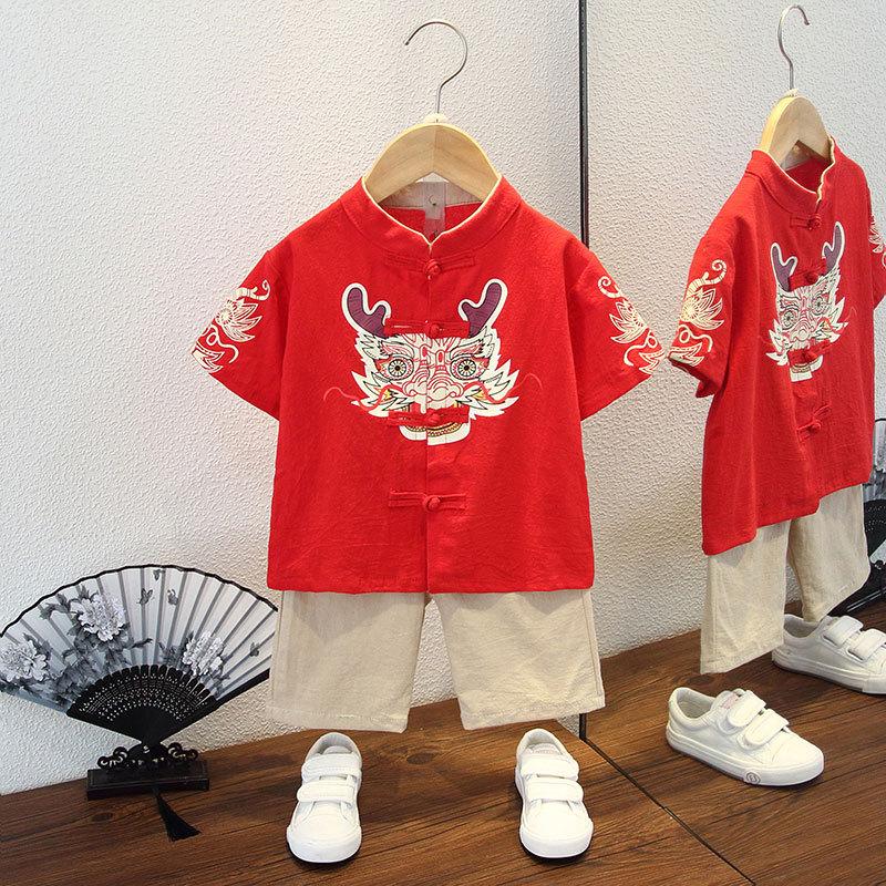 Летний костюм ханбок для мальчиков в стиле «цветение сливы», ретро-детский костюм в стиле Тан, летний костюм для мальчиков и детей в старинном стиле, из хлопка и льна, тонкая секция из пеньки в китайском стиле