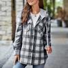 Куртка для женщин, рубашка с капюшоном и шнурком, рубашка с клетчатым принтом, куртка, пальто на пуговицах с длинными рукавами