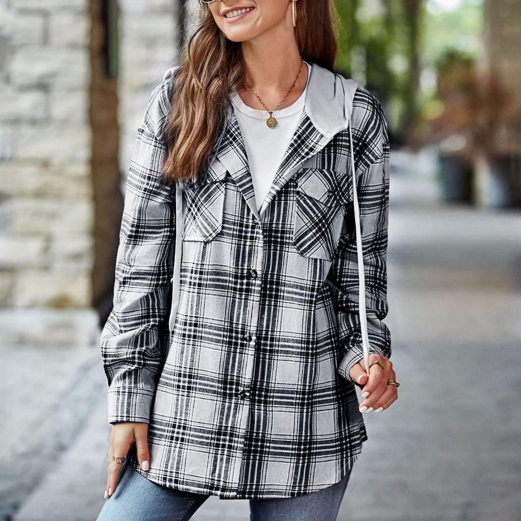 Куртка для женщин, рубашка с капюшоном и шнурком, рубашка с клетчатым принтом, куртка, пальто на пуговицах с длинными рукавами