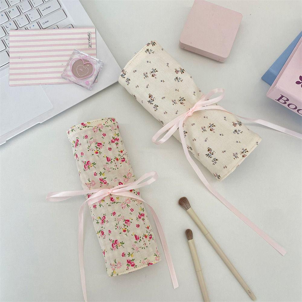 Convenient Makeup Brush Bag Floral Pattern Large Capacity Cosmetic Storage Bag Pink Beauty Tool Makeup Brush Organizer Household