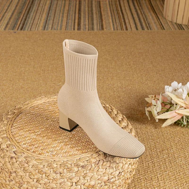 Осенне-зимние женские ботильоны на квадратном каблуке 8 см, вязаные носки, черные, новые осенне-зимние женские туфли