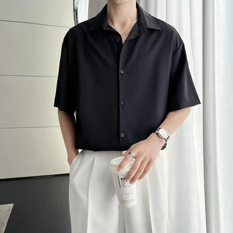 Мужская рубашка с коротким рукавом на пуговицах свободного кроя из ледяного шелка - корейский, гонконгский, японский стиль, большие размеры, не мнется