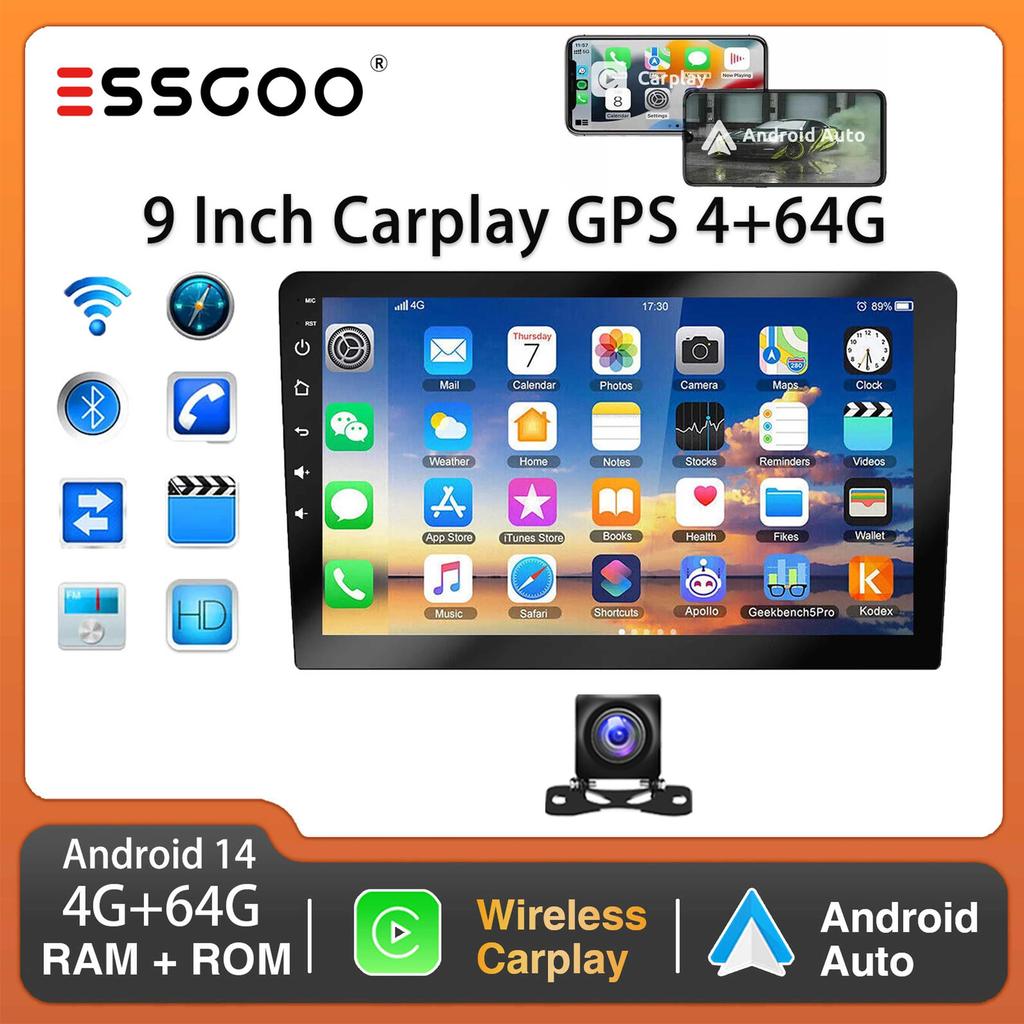 9-дюймовый 2 DIN автомобильный стерео радиоприемник Wirless Carplay Android Auto Car Stereo Bluetooth 64G GPS навигация RDS WiFi USB FM DAB+CAM