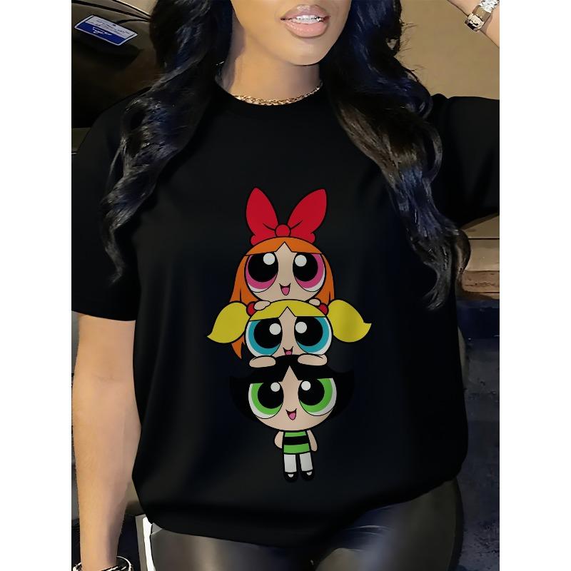 European size - The Powerpuff s Women'S L-5XL Oversized T-Shirt - Blossom, Buttercup Bubbles Graphic Print, Retro Cartoon Short Sleeve Round