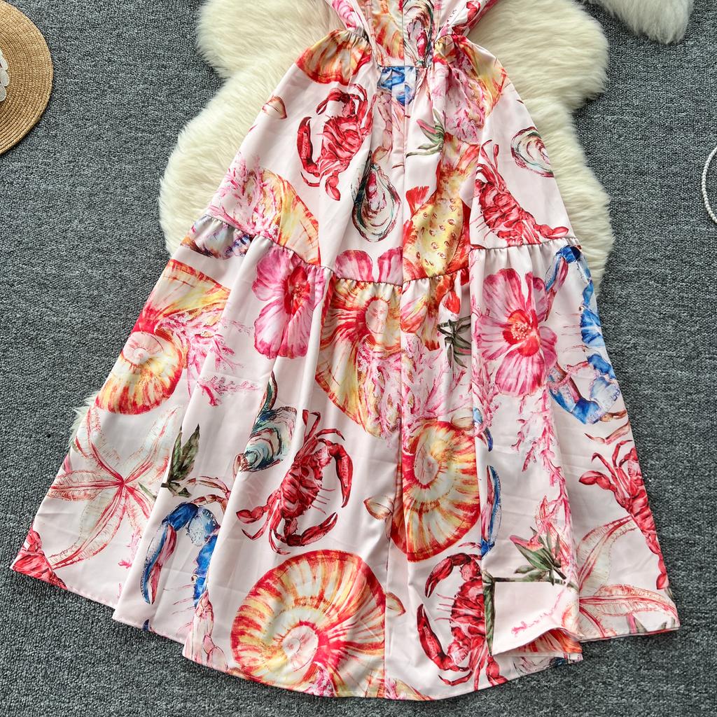 Summer Women Elegant Print Spaghetti Strap Long Maxi Party Dresses with Belt