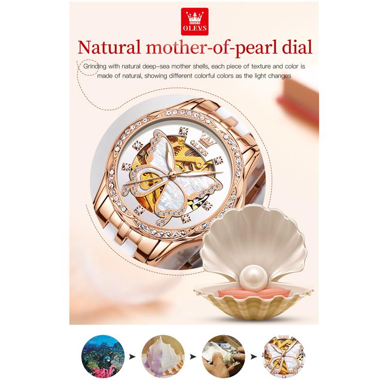 OLEVS 6622 с подарочной коробкой Часы Кожаные часы с водонепроницаемыми автоматическими механическими часами Женские часы