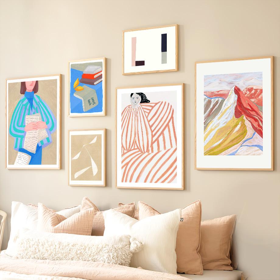 Абстрактная полосатая книга для девочек, синий цветок, геометрические постеры и принты, настенная живопись на холсте для гостиной, декоративные картины