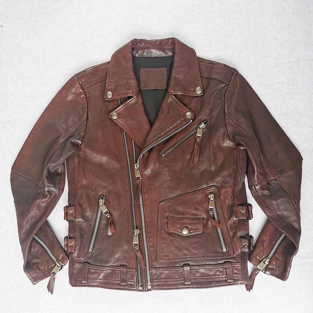 Chinese Size Unique Army Green Motorcycle Jacket Men Leather Jacket 100% Oil Wax Cowhide Motor Biker Jacket Male Leather Coat Winter M455