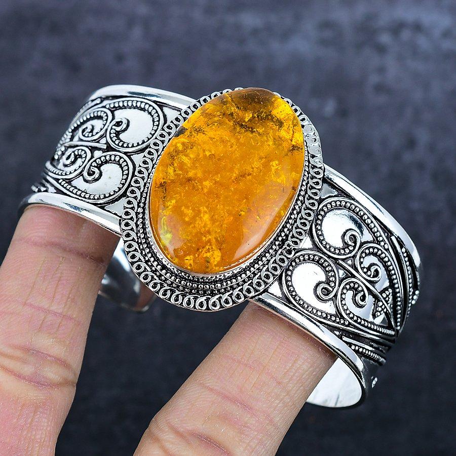 Браслет-манжета из серебра 925 пробы с балтийским янтарем, ручной работы, регулируемый s7k81