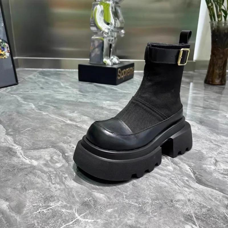 Женские сапоги, модные новые ковбойские сапоги с пряжкой на ремне, зимняя обувь 2024 года, модные мотоциклетные сапоги на толстой подошве и блочном каблуке