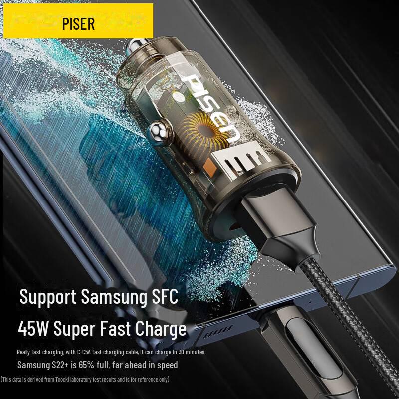 PISEN Transparent Mini Car Charger, Dual Port 30W, A+C, Fast Charging for Apple & Huawei.