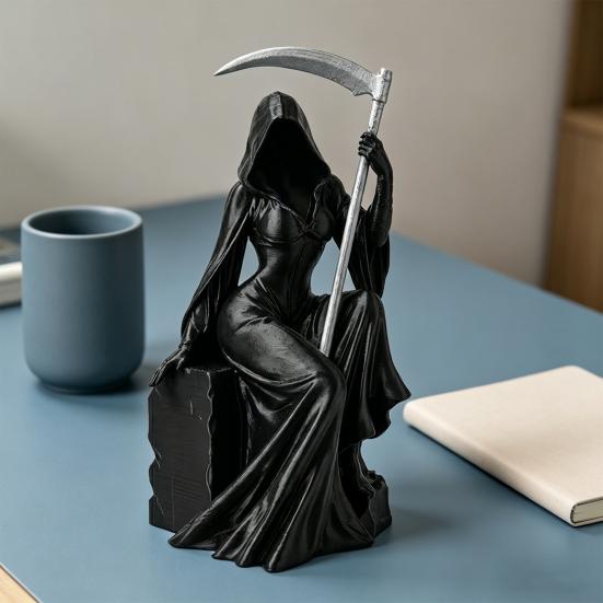 Grim Reaper Figurine with Scythe 3D Printed Mysterious Female Grim Reaper Statue Gothic Spooky Sculpture for Bookshelf Desk