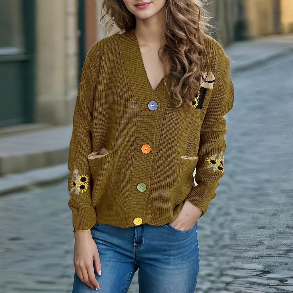 Цветочная вышивка вязаный свитер V-образный вырез контрастного цвета женский свитер повседневное универсальное пальто