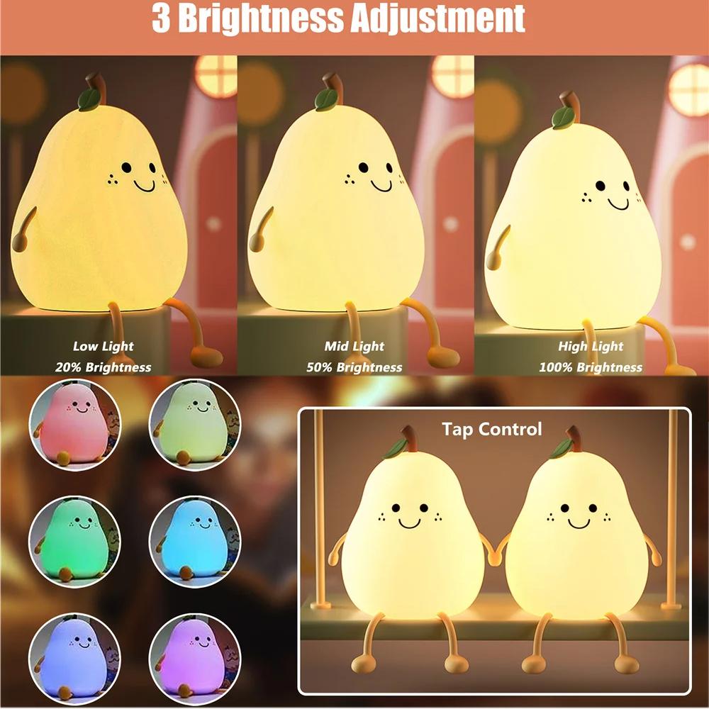 Night Lights for Kids Pear Shaped Cute Silicone Nightlight 7 Colors Dimmable Lamp USB Charging for Bedroom Bedside Room