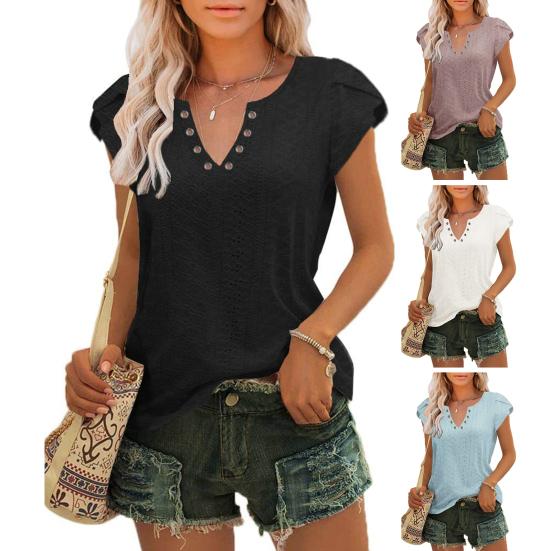 Женский топ с V-образным вырезом и лепестком, с короткими рукавами, жаккардовый тонкий однотонный