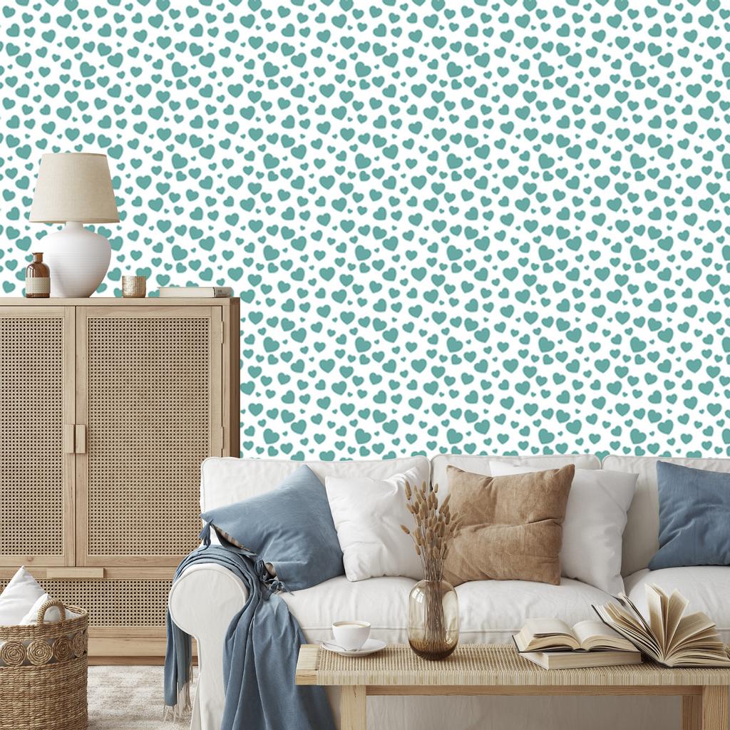 Heart Wallpaper White, Sea Blue, Mint and Light Gray 50x1000