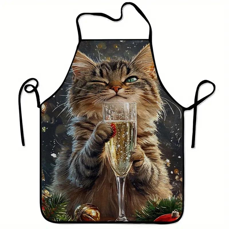 1pc Cat Holding Glass Print Apron Durable Polyester, Washable Reusable Ideal for Kitchen Dining Perfect for Christmas New Year