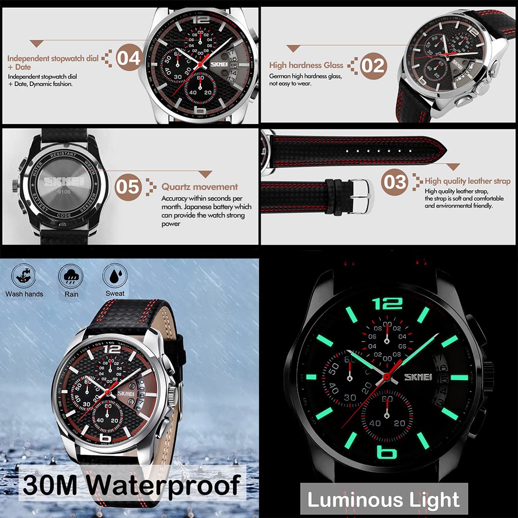 Черный кожаный ремешок водонепроницаемые наручные часы стильный повседневный хронограф большой циферблат брендовые аналоговые деловые часы роскошные подарочные часы для мужчин SKMEI мужские