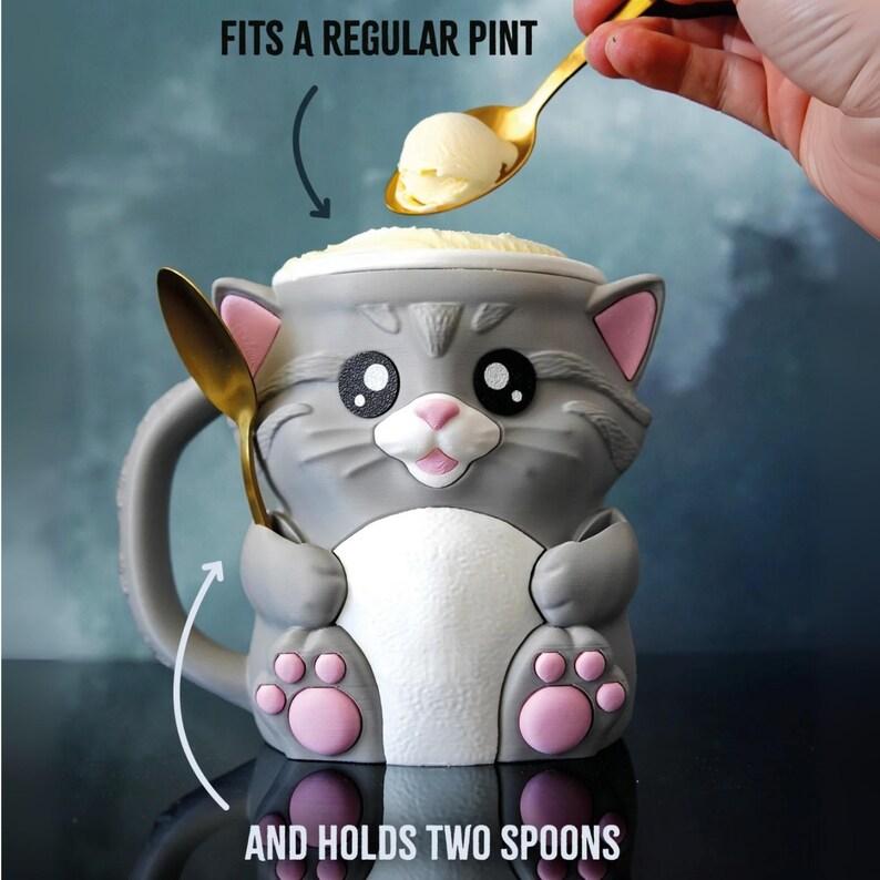 Cute Cat Ice Pint Holder Reusable 3D Printed Popsicle Containers with Snack Drawer & Handle for Cat Lovers Gifts (without Spoon)