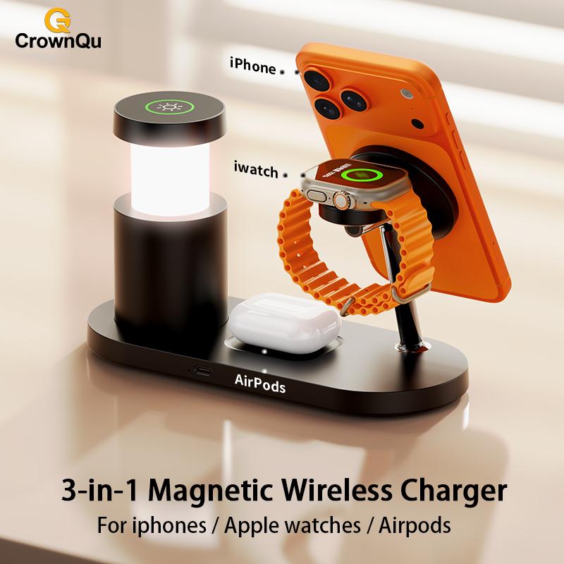 Беспроводное магнитное зарядное устройство Qi2.2 25 Вт, многофункциональная станция быстрой зарядки с ночником для iPhone17 16 15, Watch, Airpods