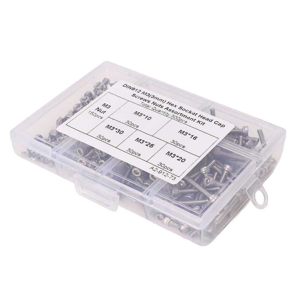 Винты с шестигранной головкой M3 из нержавеющей стали 304, шестигранные болты с гайками, набор ассорти с ящиком для хранения