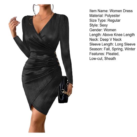 Вечеринка для выпускного вечера с низким вырезом, глубоким V-образным вырезом, плиссированной шеей, обтягивающим высоким женским платьем, глянцевое платье с длинными рукавами и нерегулярным подолом, длиной выше колена, женское