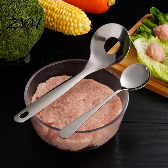 Kitchen Utensils for Home Stainless Steel Meatball Maker Spoon, Ergonomic Long Handle Manual Utensils, Non-Stick Food Scoop Oval Leak Design Tool Meat