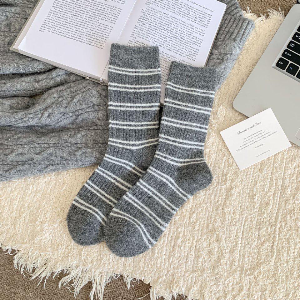 Корейские шерстяные носки с вышивкой в виде сердечка - Двойная резинка, Полосатые с бантом, Толстая флисовая подкладка, Тепло-серые, до щиколотки