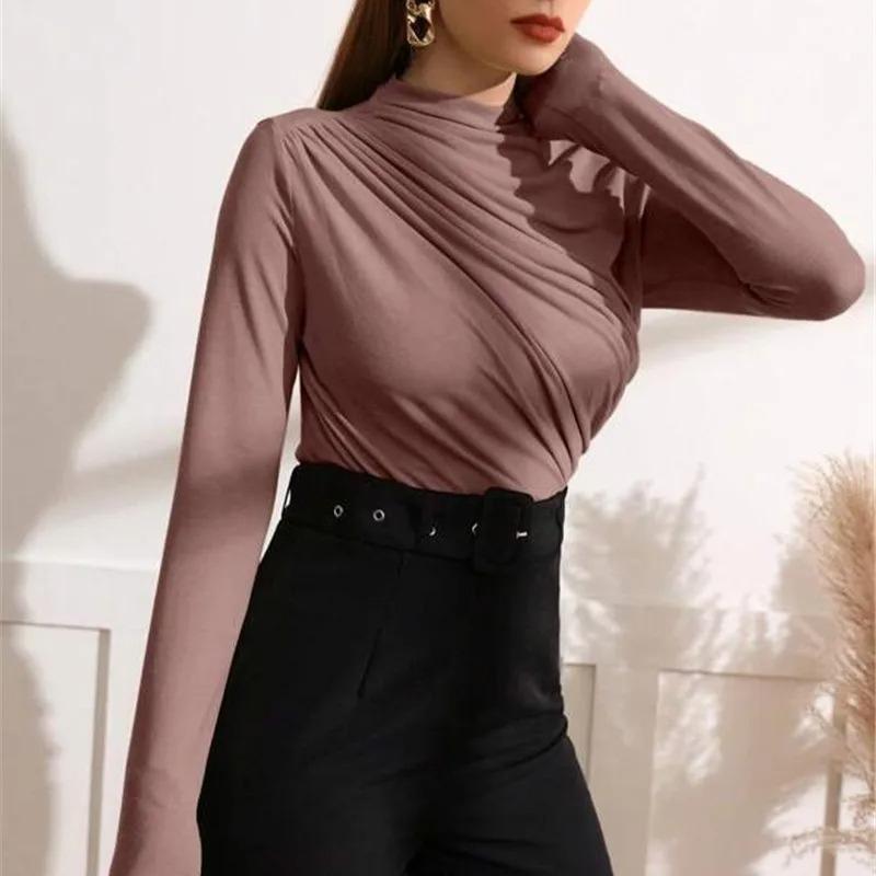 Autumn Women Long Sleeve Elastic Pure Color Going Out Tops Ruched Fashion Elegant Softy Slim Crop Top