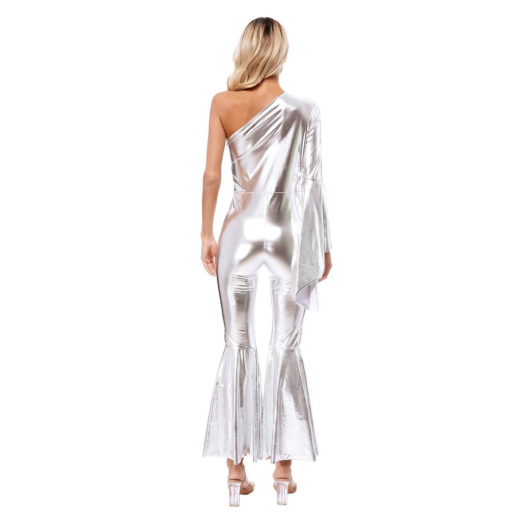 Womens Clubwear Bodysuit Metallic Bell-Bottom Flare Sleeve Carnival Theme Costume