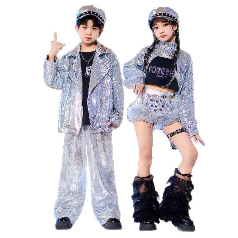 Kids Hip Hop Dance Outfit With Sequins Sparkle Set Stage Performance Boys Girls Street Costume